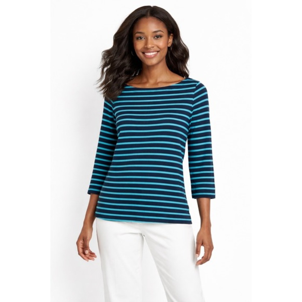 Ann Taylor LOFT Striped Boat Neck Top Navy Teal 3/4 Sleeve Back Zip S 48-022